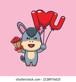 cute donkey cartoon character holding love balloon and love flowers