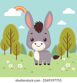 Cute Donkey Cartoon Character in a Sunny Pastoral Scene