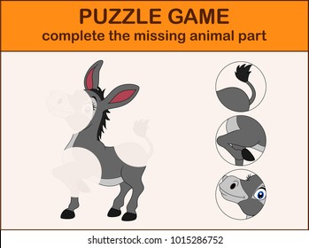 Cute donkey cartoon. Complete the puzzle and find the missing parts of the picture
