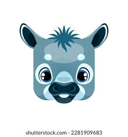 Cute donkey cartoon square animal face. Neddy isolated kawaii character vector portrait. Farm childish burro head icon, app button, graphic design element