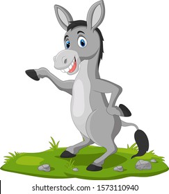 Cute donkey cartoon waving hand on the grass