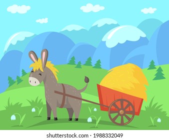 Cute donkey character pulling cart with hay. Happy domestic animal in field with mountain peaks in background vector illustration. Farming, countryside, domestic animals, agriculture concept