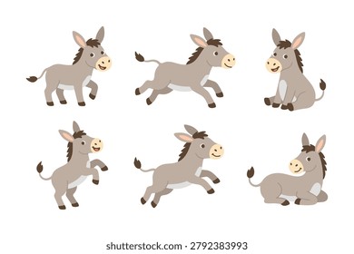 Cute Donkey Character Set and Various Poses Mascot Vector Bundle