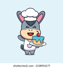 cute donkey chef mascot cartoon character with cake