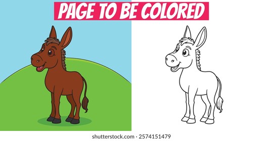 Cute donkey coloring page with black-and-white outline and colored version. Perfect for preschool, kindergarten, and creative activities.