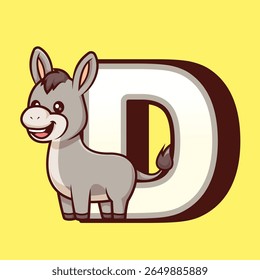 Bonito Burro Em D Alfabeto Ilustração De Ícone De Vetor De Animação. Animal Education Icon Concept Isolado Premium Vetor. Estilo de Desenho Animado Plano