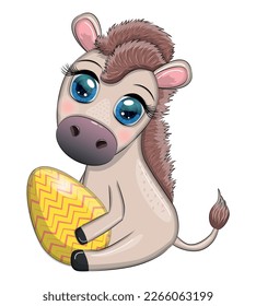 Cute donkey with an easter egg. Easter character and postcard.