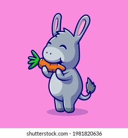 Cute Donkey Eating Carrot Cartoon Vector Icon Illustration. Animal Food Icon Concept Isolated Premium Vector. Flat Cartoon Style