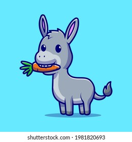 Cute Donkey Eating Carrot Cartoon Vector Icon Illustration. Animal Food Icon Concept Isolated Premium Vector. Flat Cartoon Style