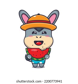 Cute donkey eating fresh watermelon cartoon illustration.