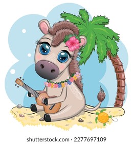 Un burro lindo en una flor, un sombrero, con una guitarra, un bailarín hula de Hawaii. Tarjeta de verano para el festival, cartel de viaje
