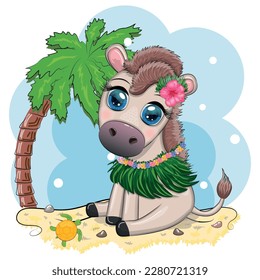 A cute donkey in a flower wreath, a hat, with a guitar, a hula dancer from Hawaii. Summer card for the festival, travel banner