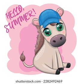 A cute donkey in a flower wreath, a hat, with a guitar, a hula dancer from Hawaii. Summer card for the festival, travel banner
