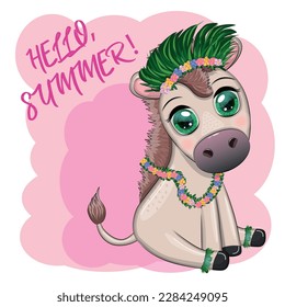 Un burro lindo en una flor, un sombrero, con una guitarra, un bailarín hula de Hawaii. Tarjeta de verano para el festival, cartel de viaje