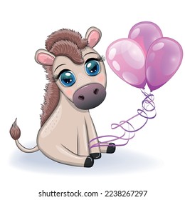Burro lindo en flores, con globos, tema primaveral. Postal para vacaciones