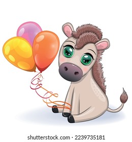 Cute donkey in flowers, with balloons, spring theme. Postcard for the holiday
