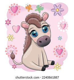 Cute donkey in flowers, with balloons, spring theme. Postcard for the holiday
