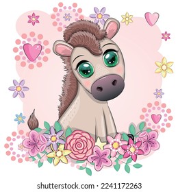Cute donkey in flowers, with balloons, spring theme. Postcard for the holiday