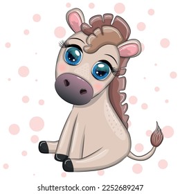 Cute donkey in flowers, with balloons, spring theme. Postcard for the holiday