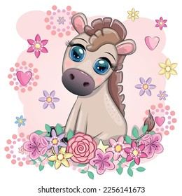 Cute donkey in flowers, with balloons, spring theme. Postcard for the holiday