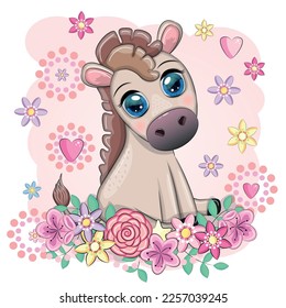 Cute donkey in flowers, with balloons, spring theme. Postcard for the holiday