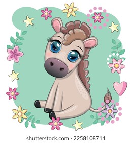 Burro lindo en flores, con globos, tema primaveral. Postal para vacaciones