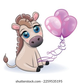 Burro lindo en flores, con globos, tema primaveral. Postal para vacaciones