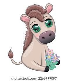 Cute donkey in flowers, with balloons, spring theme. Postcard for the holiday.