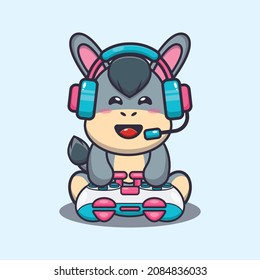 Cute donkey gamer. Cute cartoon animal illustration.