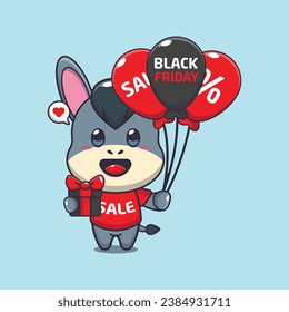 cute donkey with gifts and balloons in black friday sale cartoon vector illustration