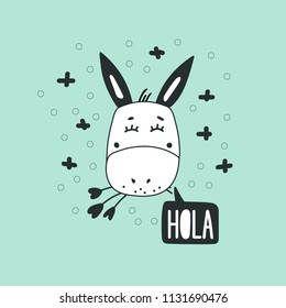 Cute donkey head vector illustration. Design element, modern clipart with hand drawn cartoon donkey with bubble in black and white 