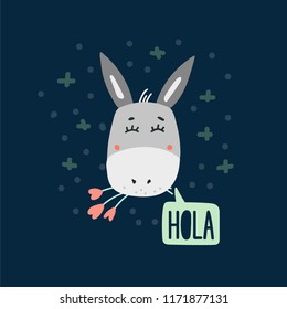 Cute donkey head vector illustration. Design element, clipart with hand drawn cartoon baby donkey face