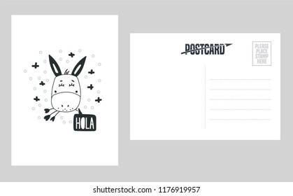 Cute donkey head vector illustration. Design element, double sided postcard with hand drawn modern style donkey in black and white 