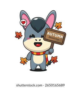 Cute donkey holding autumn sign board in autumn day cartoon vector illustration