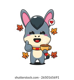 Cute donkey holding holding a cup of coffee in autumn day cartoon vector illustration