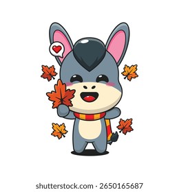 Cute donkey holding maple leaf in autumn cartoon vector illustration