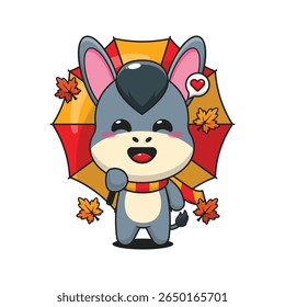 Cute donkey holding umbrella in autumn day cartoon vector illustration