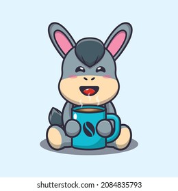 Cute donkey with hot coffee. Cute cartoon animal illustration.