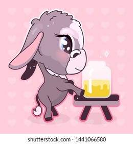 Cute donkey kawaii cartoon vector character. Adorable and funny animal tasting honey in jar isolated sticker, patch, girlish illustration. Anime baby girl mule, burro emoji on pink background