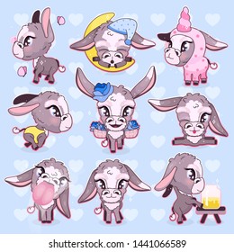 Cute donkey kawaii cartoon vector characters set. Adorable and funny mule, burro animal isolated stickers, patches, girlish illustrations. Anime baby happy donkeys emojis pack on blue background