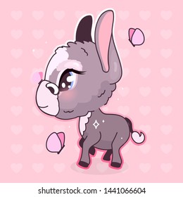 Cute donkey kawaii cartoon vector character. Adorable and funny animal with butterflies isolated sticker, patch, girlish illustration, badge. Anime baby girl mule, burro emoji on pink background