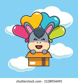 cute donkey mascot cartoon character fly with balloon