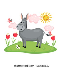 Cute Donkey on a meadow with flowers and butterflies isolated on white background. Farm animal. Donkey in cartoon style. Vector illustration.