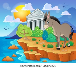 Cute donkey on shore - eps10 vector illustration.