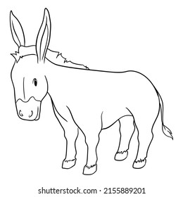 Cute donkey in outlines, with long ears, tail and hoofed legs, ready to color it.