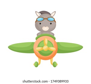 Cute donkey pilot wearing aviator goggles flying an airplane. Graphic element for childrens book, album, scrapbook, postcard, mobile game. Flat vector stock illustration isolated on white background.