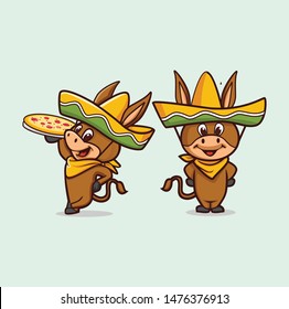 cute donkey with pizza and mexican hat character vector mascot