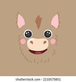 Cute donkey portrait square happy head cartoon round shape animal face, isolated vector icon illustration. Flat avatar funny farm simple hand drawn for kids poster, cards, t-shirts, baby clothes