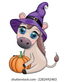 Cute donkey in purple witch hat, with broom, pumpkin, potion. Halloween card for the holiday