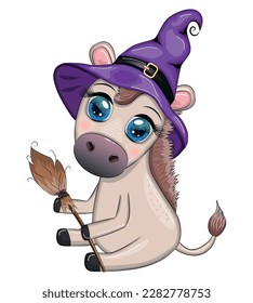 Cute donkey in purple witch hat, with broom, pumpkin, potion. Halloween card for the holiday